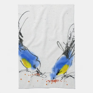 Two small titmouses pecking grain. Calligraphy Tea Towel