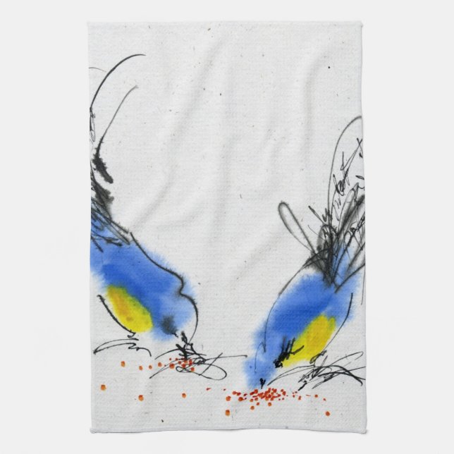 Two small titmouses pecking grain. Calligraphy Tea Towel (Vertical)