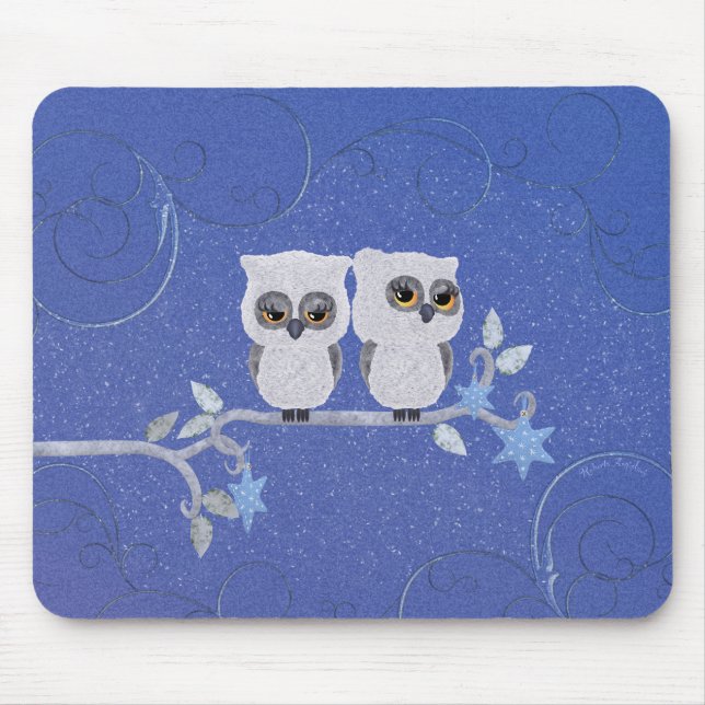 Two small white owls mouse mat (Front)