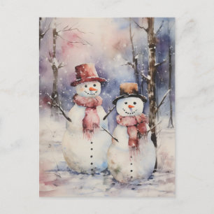 Two Snowmen in Hats and Scarves Christmas Holiday Postcard