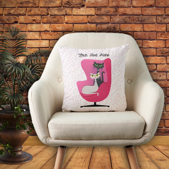 Two Sophisticated Mid Century Cats Pink Chair Dots Cushion (Two sophisticated mid century cats in pink chair on white with pink dots throw decorative pillow.)