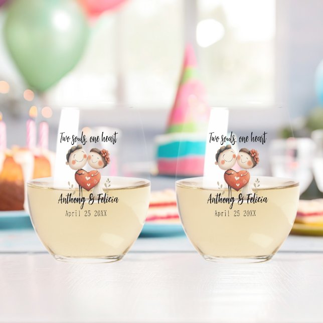 Two Souls, One Heart Customisable Wedding Stemless Wine Glass (Insitu (Birthday))