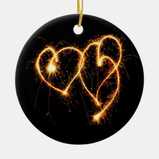 Two Sparkler Hearts Ceramic Tree Decoration (Front)