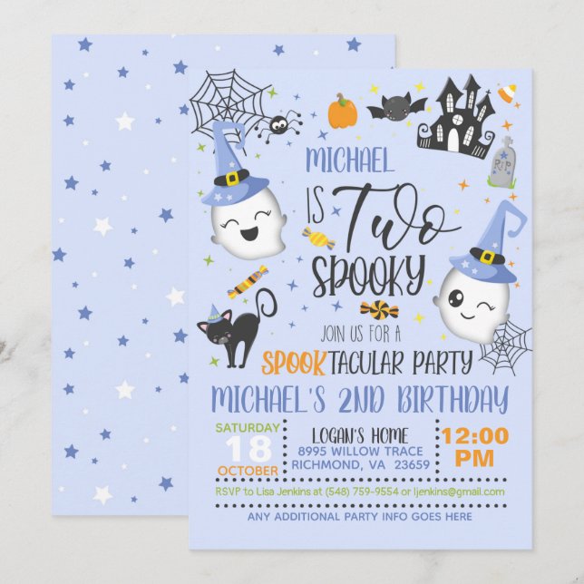 Two Spooky Birthday Invitation - Blue (Front/Back)