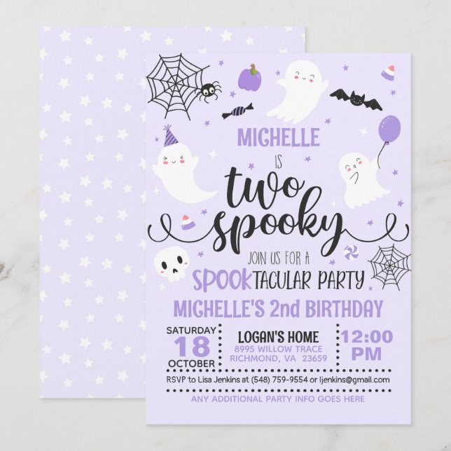 Two Spooky Birthday Invitation - Girl (Purple) (Front/Back)