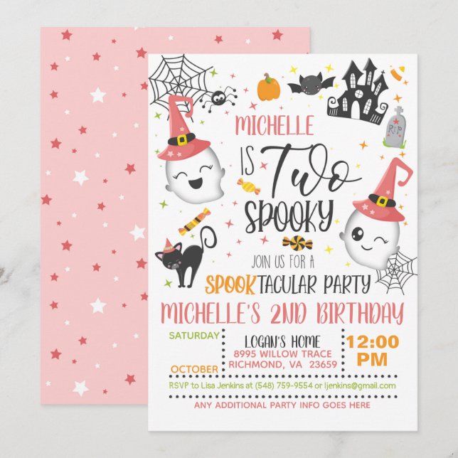 Two Spooky Birthday Invitation - Girl White (Front/Back)