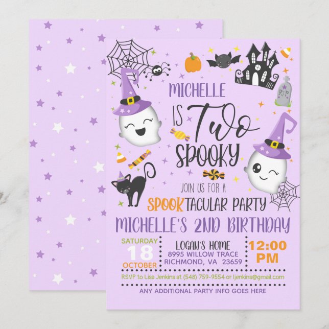 Two Spooky Birthday Invitation - Purple (Front/Back)