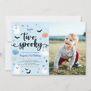 Two Spooky Blue Halloween Ghost 2nd Birthday Photo Invitation