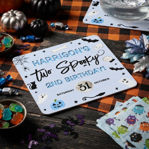 Two Spooky! Boys Halloween 2nd Birthday Party Square Paper Coaster