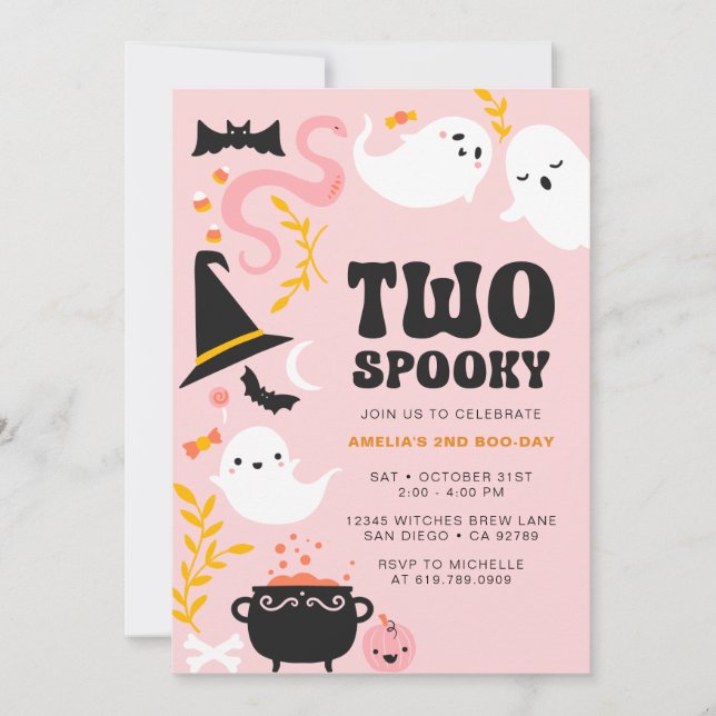 TWO SPOOKY Cute and Modern Pink Ghost Invitation (Front)