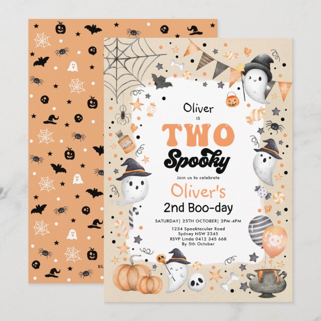 Two Spooky | Cute Halloween Ghost 2nd Birthday Invitation (Front/Back)