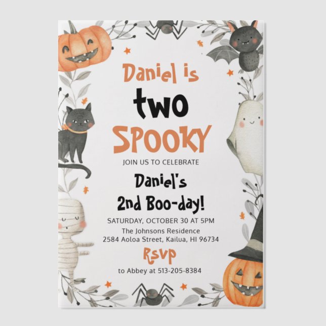 Two Spooky Cute Halloween Ghost 2nd Birthday Party Vellum Invitations (Front)