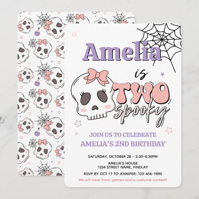 Two Spooky Cute Pink Halloween Birthday Party Invitation (Front/Back)