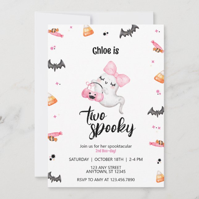 Two Spooky Girl 2nd Boo-Day Halloween Birthday Invitation (Front)