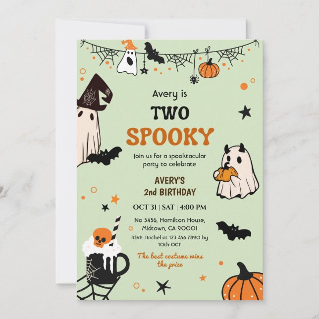 Two Spooky Halloween Birthday Ghost Whimsical Cute Invitation (Front)