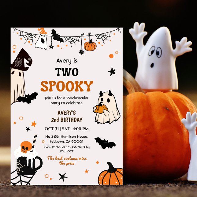 Two Spooky Halloween Birthday Ghost Whimsical Cute Invitation (Creator Uploaded)