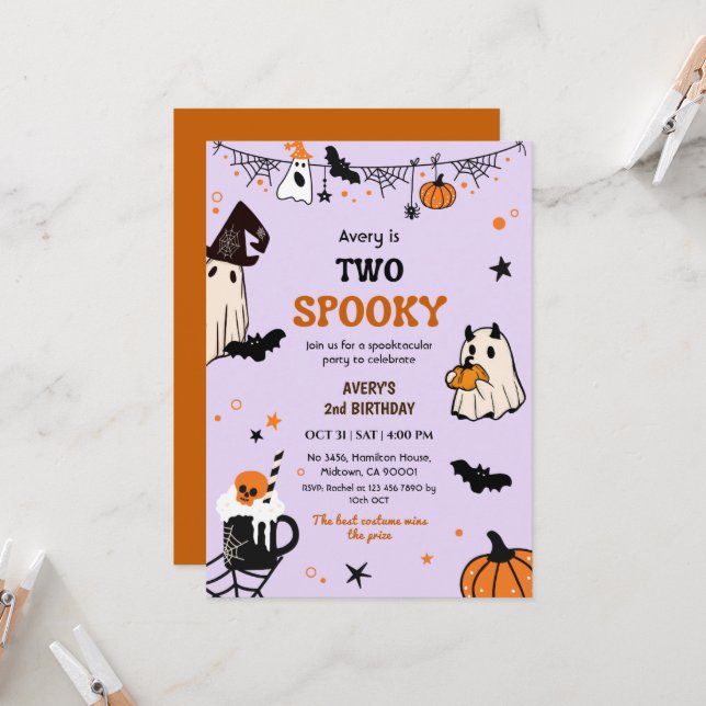 Two Spooky Halloween Birthday Ghost Whimsical Cute Invitation (Front/Back In Situ)