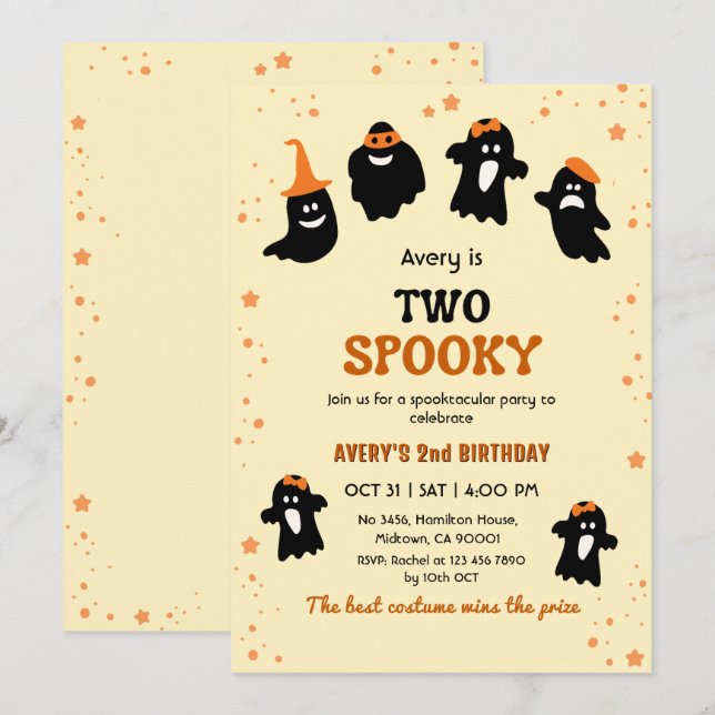 Two Spooky Halloween Birthday Ghost Whimsical Cute Invitation (Front/Back)