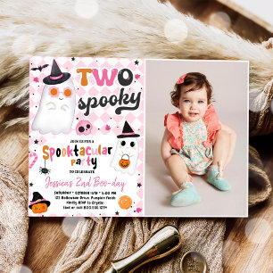 Two Spooky Halloween Pink Cute Ghost 2nd Birthday Invitation