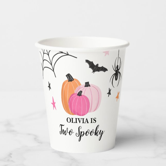 Two Spooky Halloween PINK Pumpkins Birthday Paper  Cups (Front)