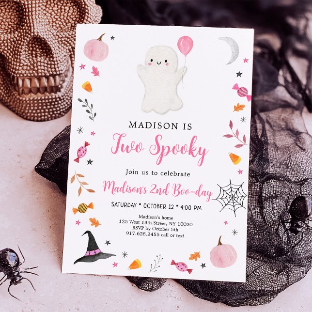 Two Spooky Pink Ghost Halloween Birthday Invitation (Creator Uploaded)