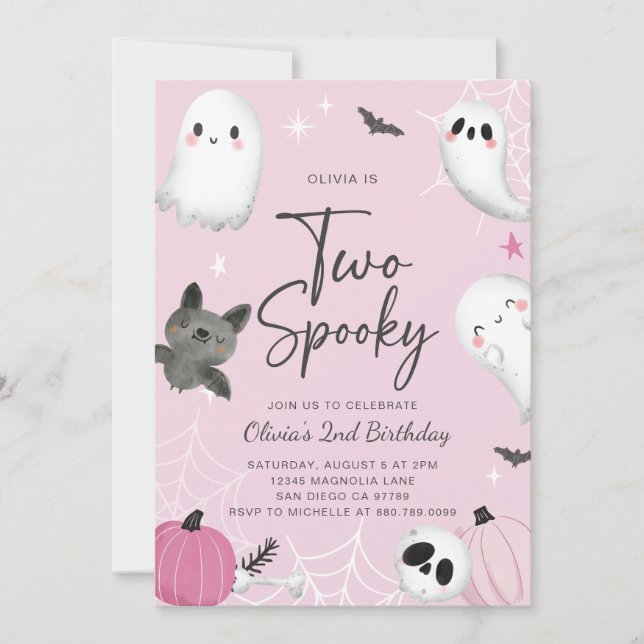 Two Spooky Pink Ghost Second Birthday Invitation (Front)