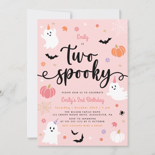 Two Spooky Pink Halloween Cute Ghost 2nd Birthday Invitation (Front)
