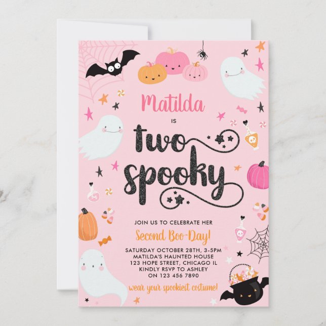 Two Spooky Pink Halloween Ghost 2nd Birthday Party Invitation (Front)