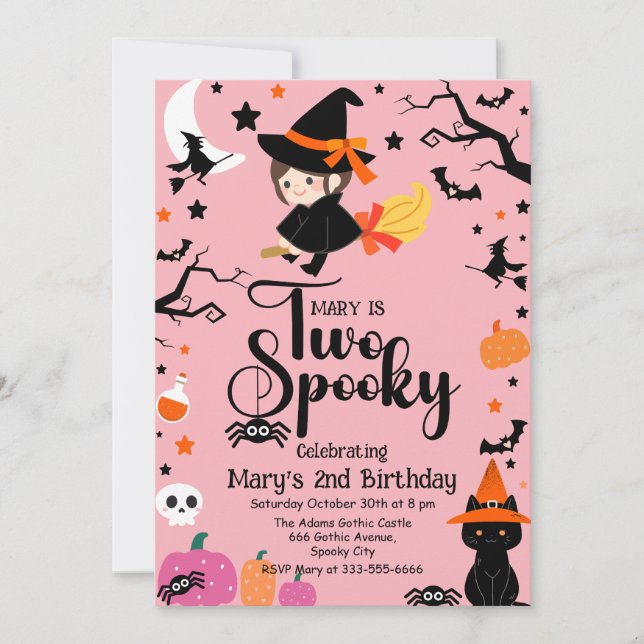 Two Spooky Pink Witchy Halloween Birthday Party Invitation (Front)