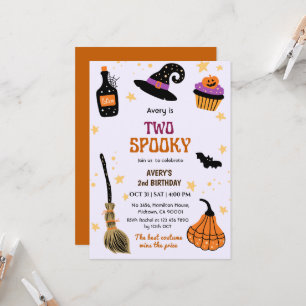 Two Spooky Witch hat broom Halloween 2nd Birthday Invitation