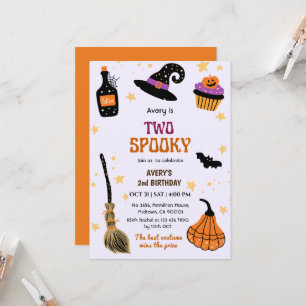 Two Spooky Witch hat broom Halloween 2nd Birthday Invitation