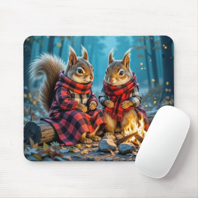 Two Squirrels Enjoying an Autumn Campfire Mouse Mat (With Mouse)