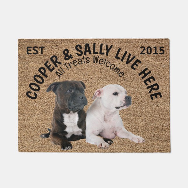 Two Staffordshire Bull Terriers Personalised Doormat (Front)