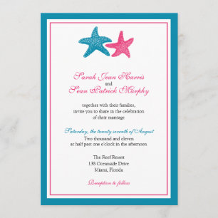 Two Starfish Peacock and Pink Wedding Invitation