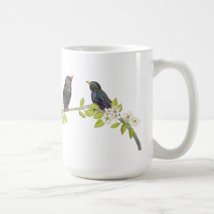 Two Starlings on a Blossoming Branch in Spring Coffee Mug