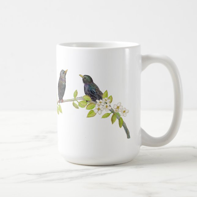 Two Starlings on a Blossoming Branch in Spring  Coffee Mug (Right)