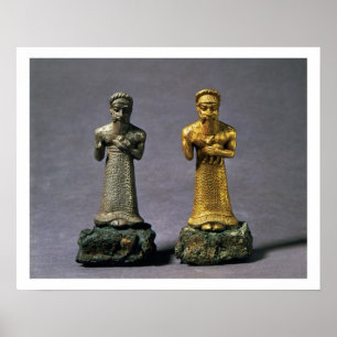 Two statuettes of men carrying offerings of goats, poster