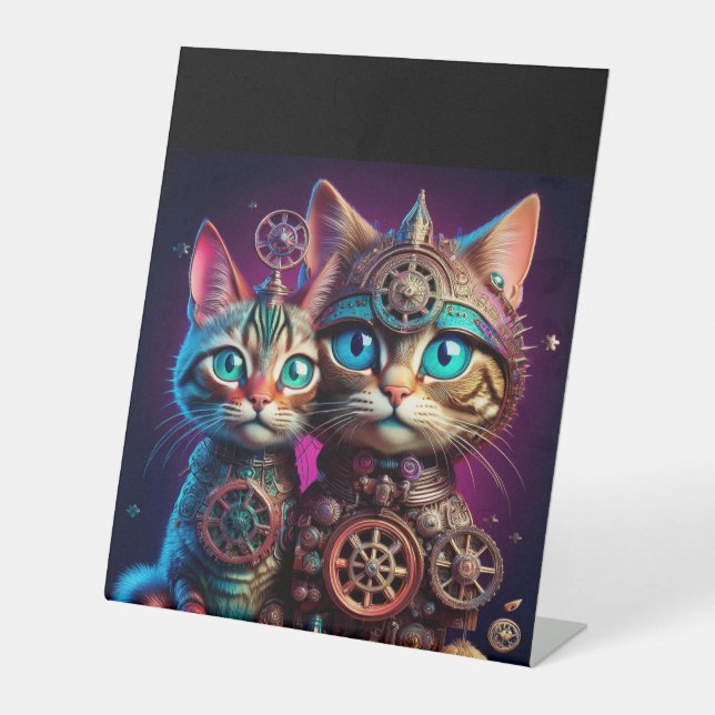 Two Steampunk Kittens Pose Pedestal Sign (Front)