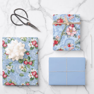Two Strawberry and One Solid Color Wrapping Paper Sheet