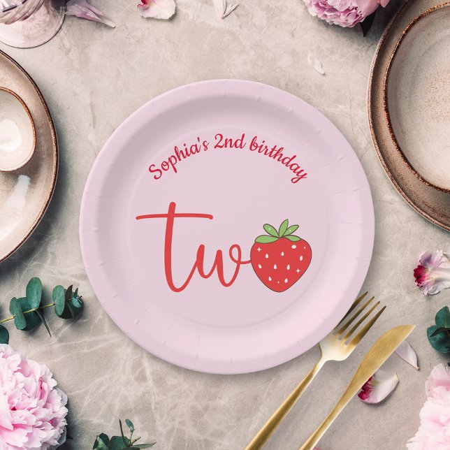 Two Strawberry Birthday Pink Paper Plate (Creator Uploaded)
