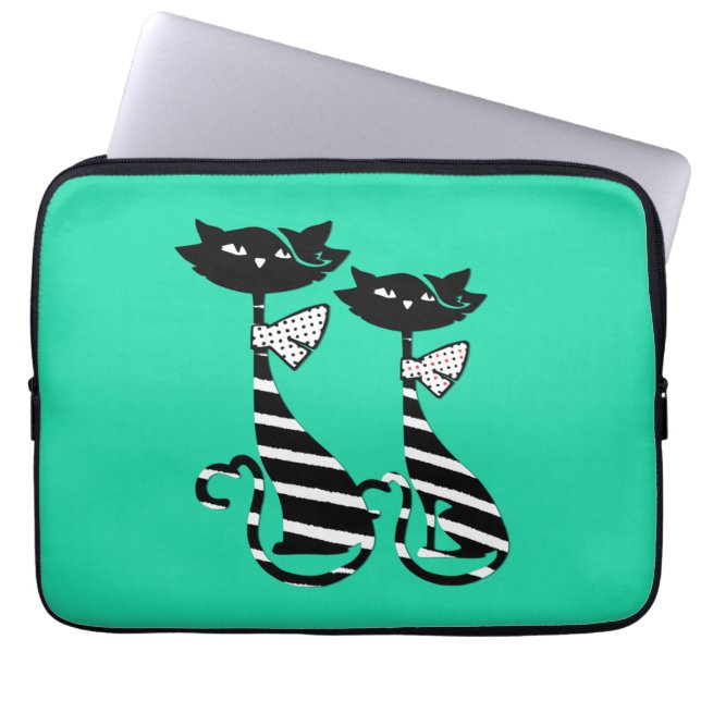 Two Striped Black & White Silhouette Cats Green Laptop Sleeve (Front)