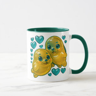 Two stylized seals mug