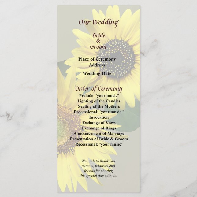 Two Sunflowers Same Yet Different Wedding Program Programme (Front)