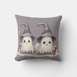 Two Super Cute Ghosts Witches Hats Grey Halloween Cushion