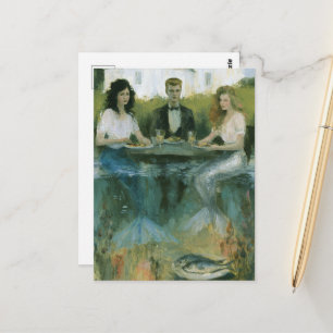 Two Surreal Mermaids and a Man at Dinner Painting Postcard