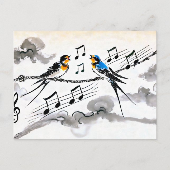 Two Swallows Singing on a Power Line in Chinese Postcard (Front)