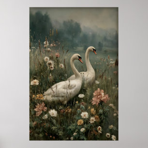 Two Swans Antique Printable Art, Swan Flower Poster