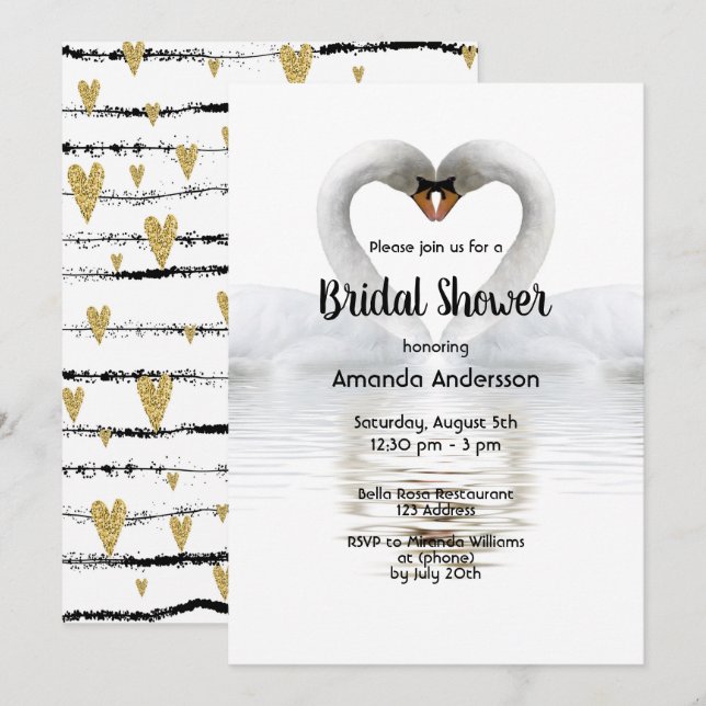 Two swans in love white bridal shower invitation (Front/Back)