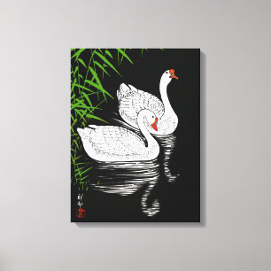 Two Swans on a Pool - White on a Black Background  Canvas Print