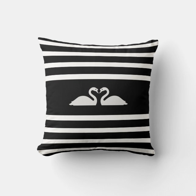 Two Swans on Black & White Striped Cushion (Front)